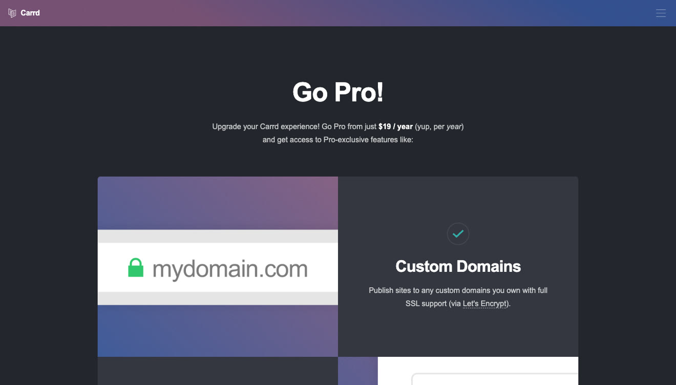 Carrd Pro pricing showing plans from $19 a year with custom domains