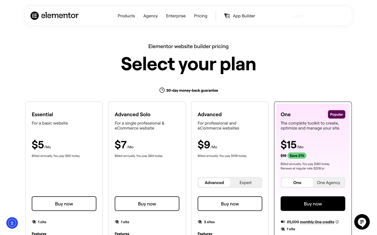 Elementor pricing page showing Essential, Advanced Solo, Advanced and One plans billed annually