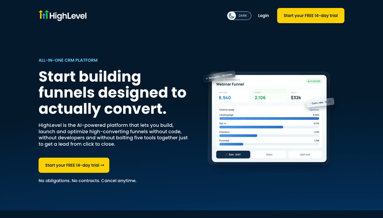 HighLevel funnel and website builder product page
