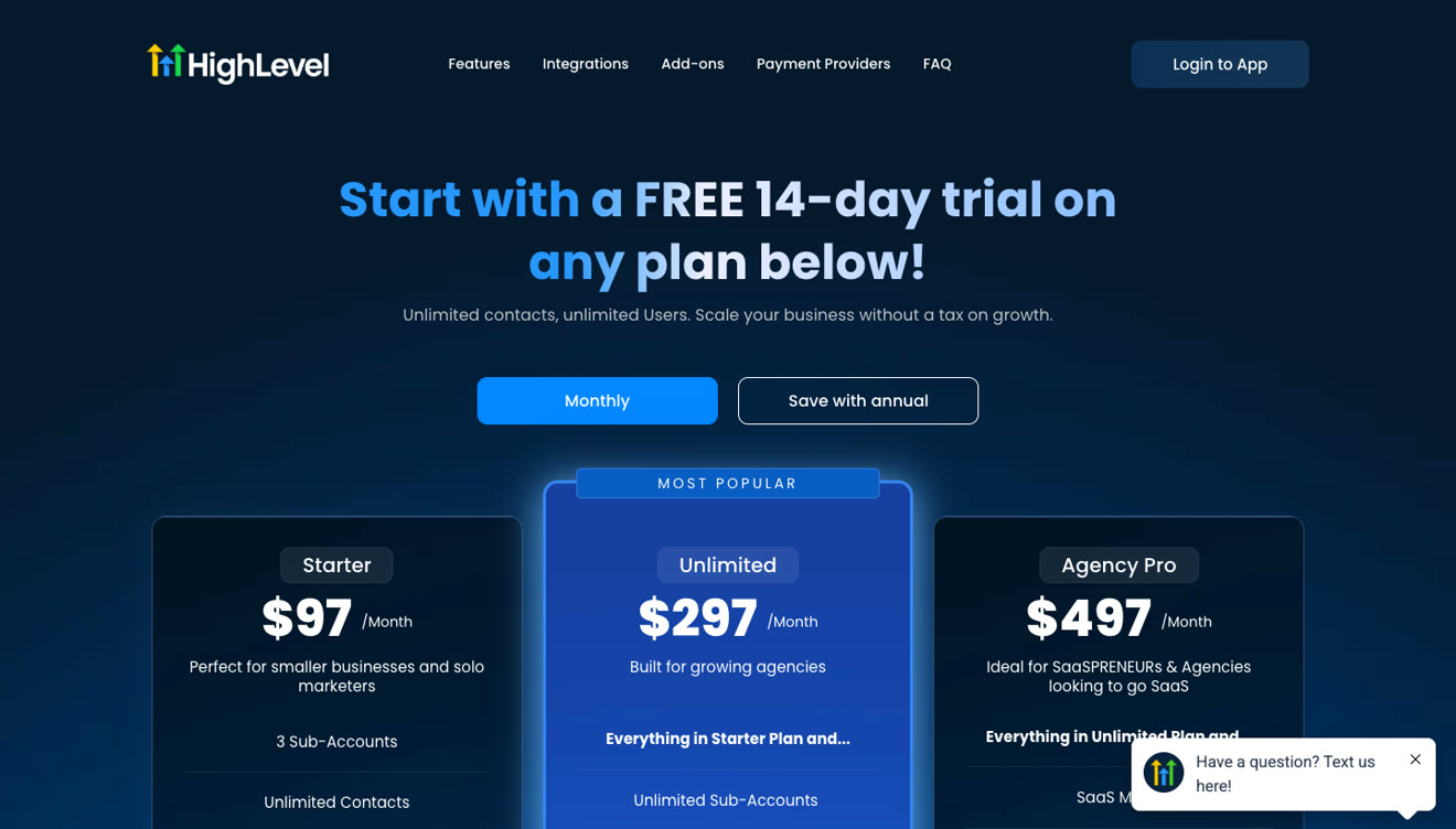 HighLevel pricing page showing Starter, Unlimited and Agency Pro plans
