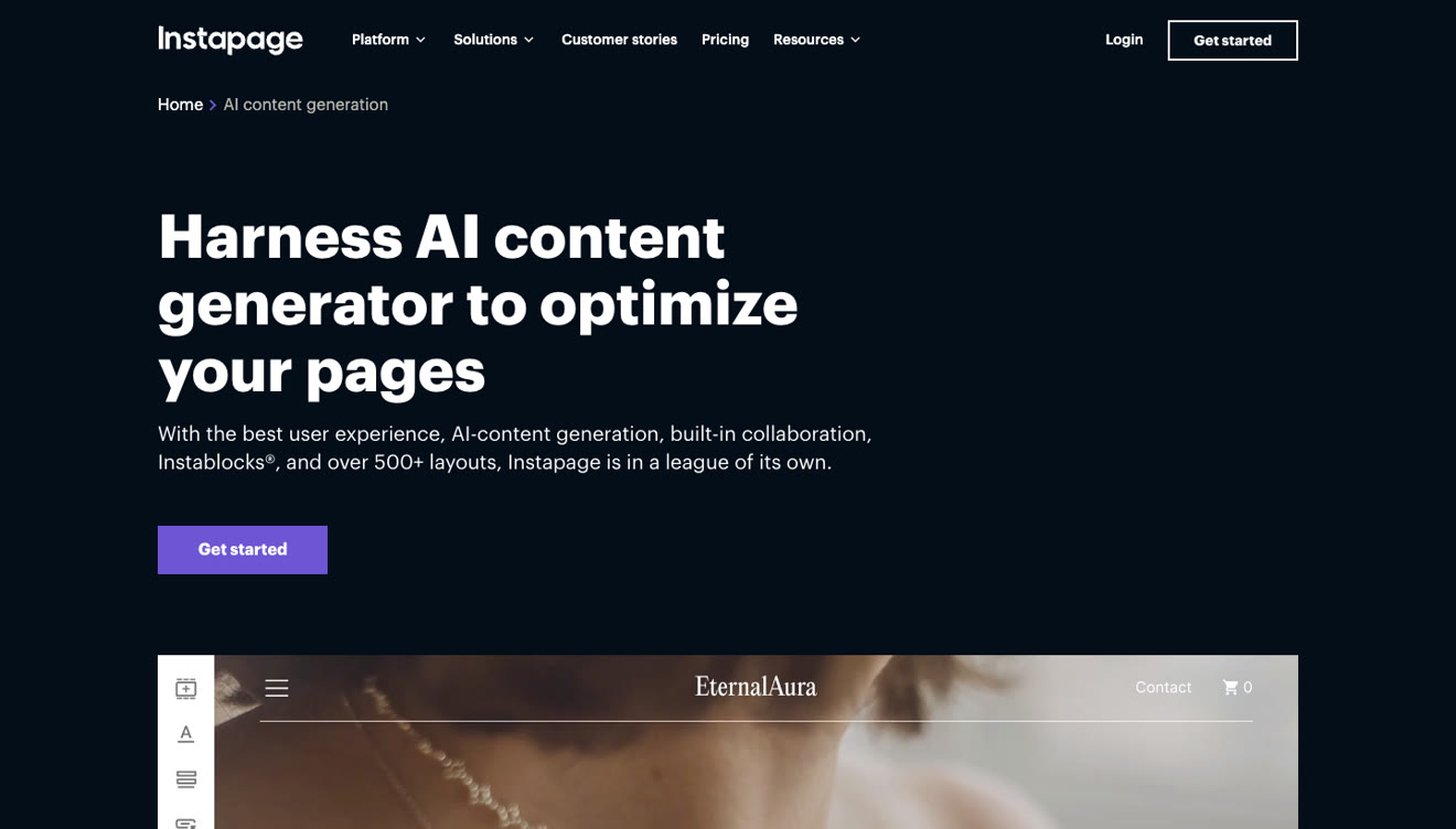 Instapage AI content page describing AI copy generation for page blocks