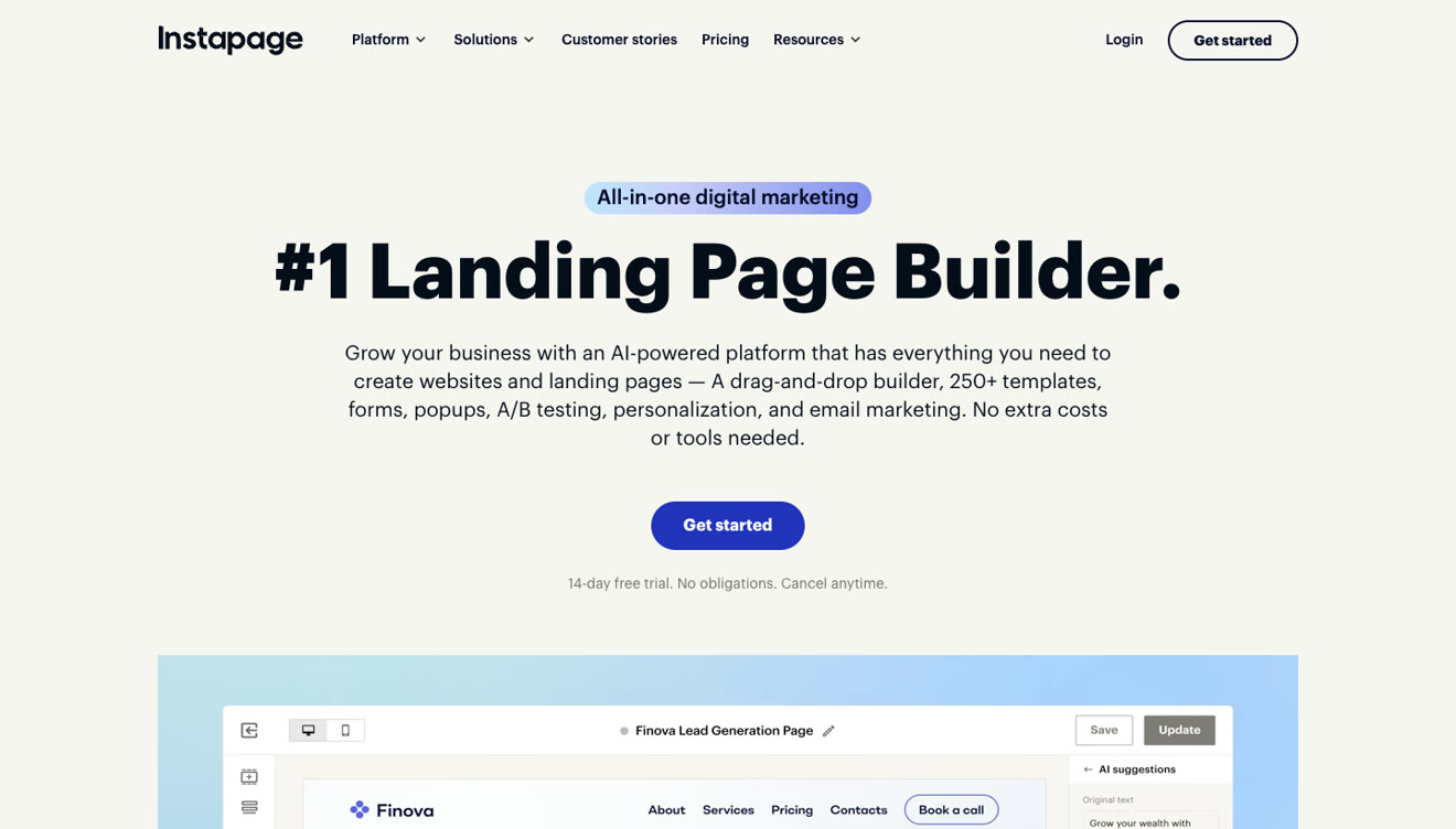 Instapage homepage in September 2026