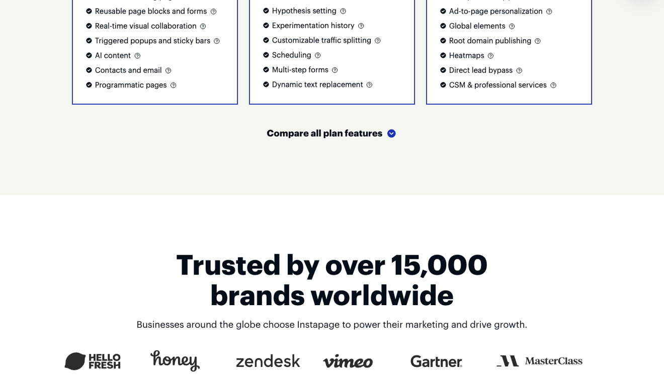 Instapage plan comparison showing which features are on Create, Optimize and Convert