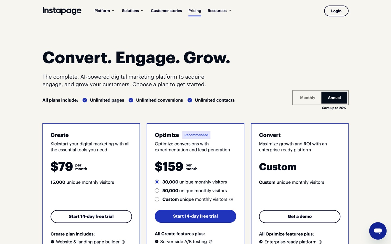 Instapage plans page with annual billing showing Create, Optimize and Convert