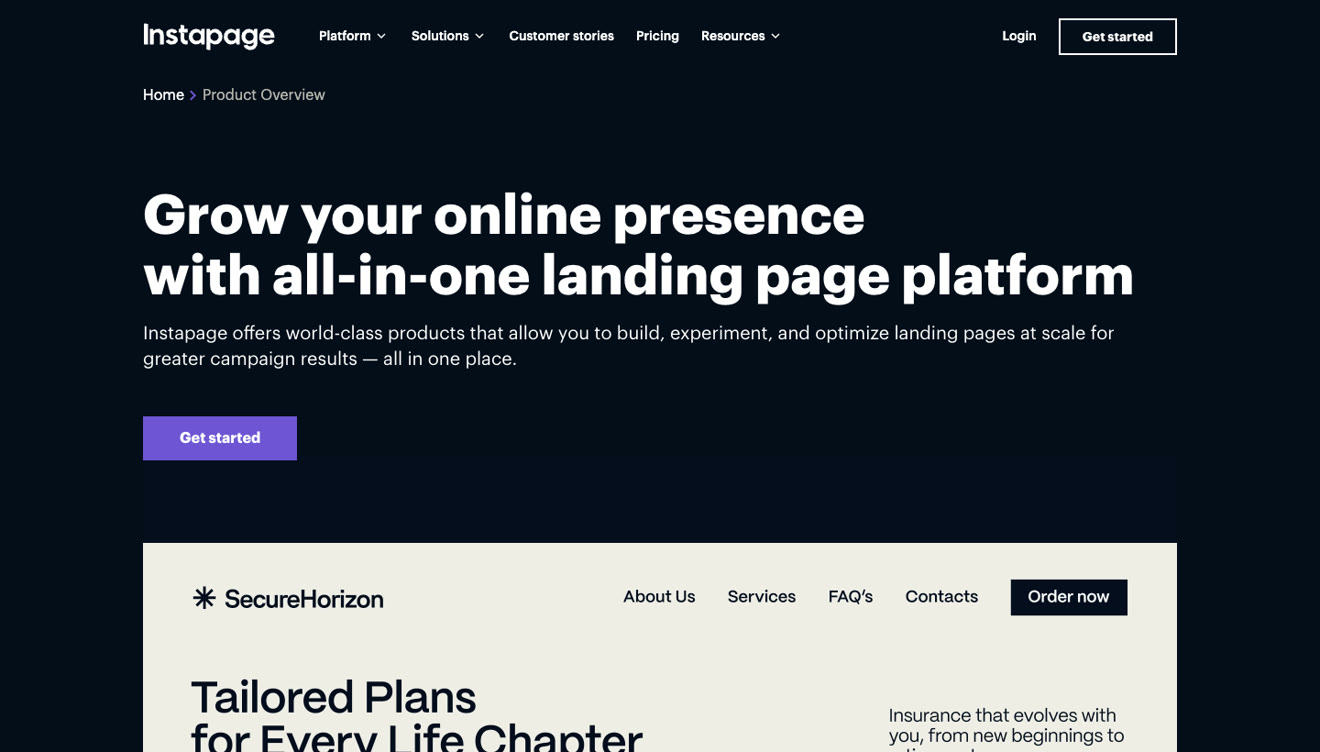 Instapage product overview page describing its all-in-one landing page platform