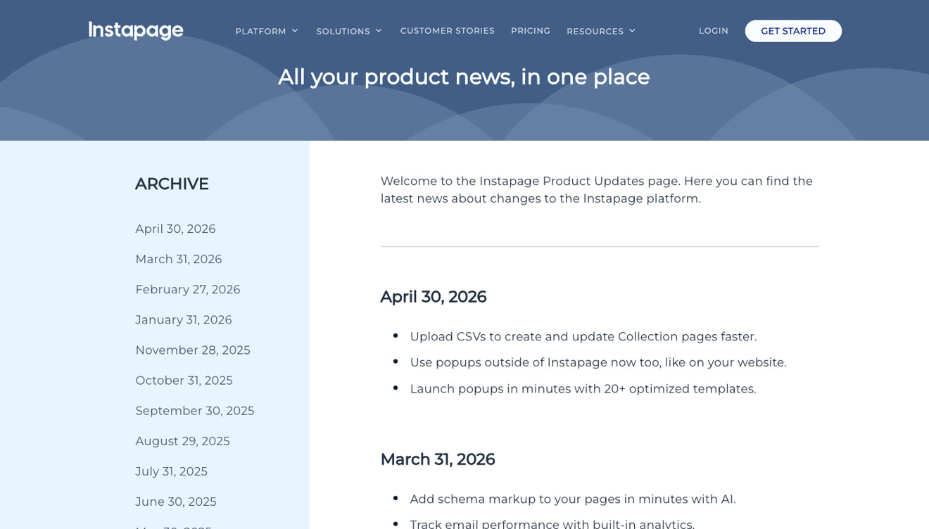 Instapage product updates page listing monthly changes through 2025 and 2026