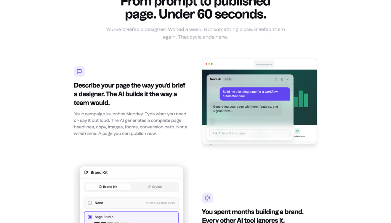 Leadpages product page section reading Describe your page the way you would brief a designer