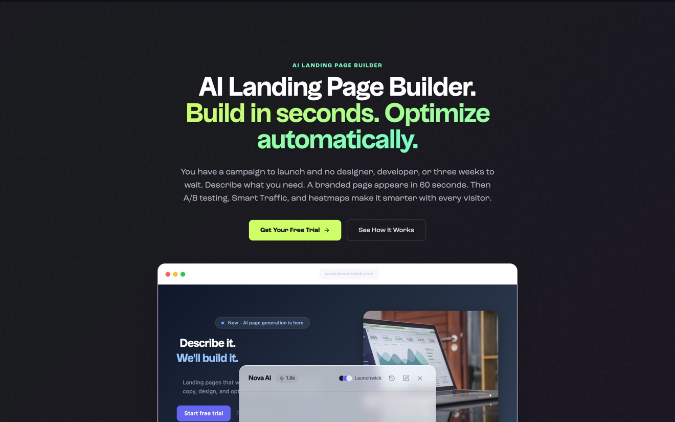 Leadpages AI page builder product page showing a prompt box and a generated landing page