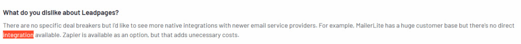 G2 review noting no direct MailerLite integration and the added cost of Zapier
