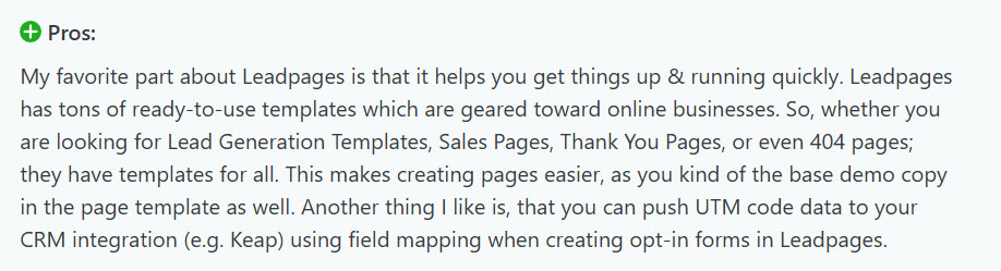 G2 review praising Leadpages templates and pushing UTM data into a CRM
