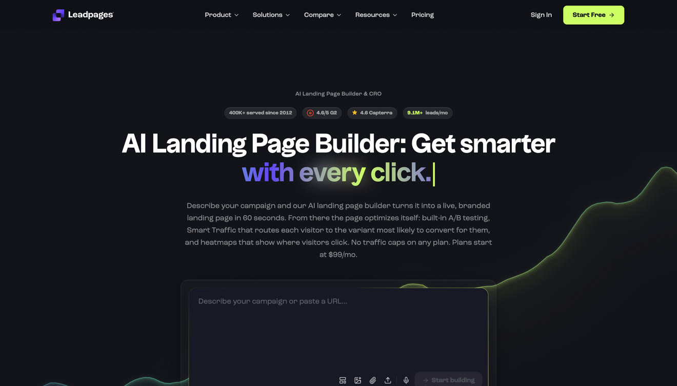 Leadpages homepage in September 2026 with the headline AI Landing Page Builder: Get smarter with every visitor
