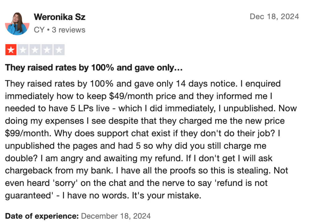 Trustpilot review describing a rate increase from $49 to $99 a month