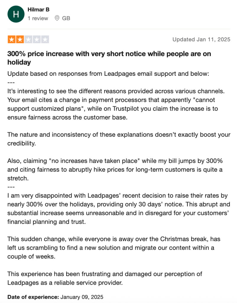 Trustpilot review titled 300% price increase with very short notice
