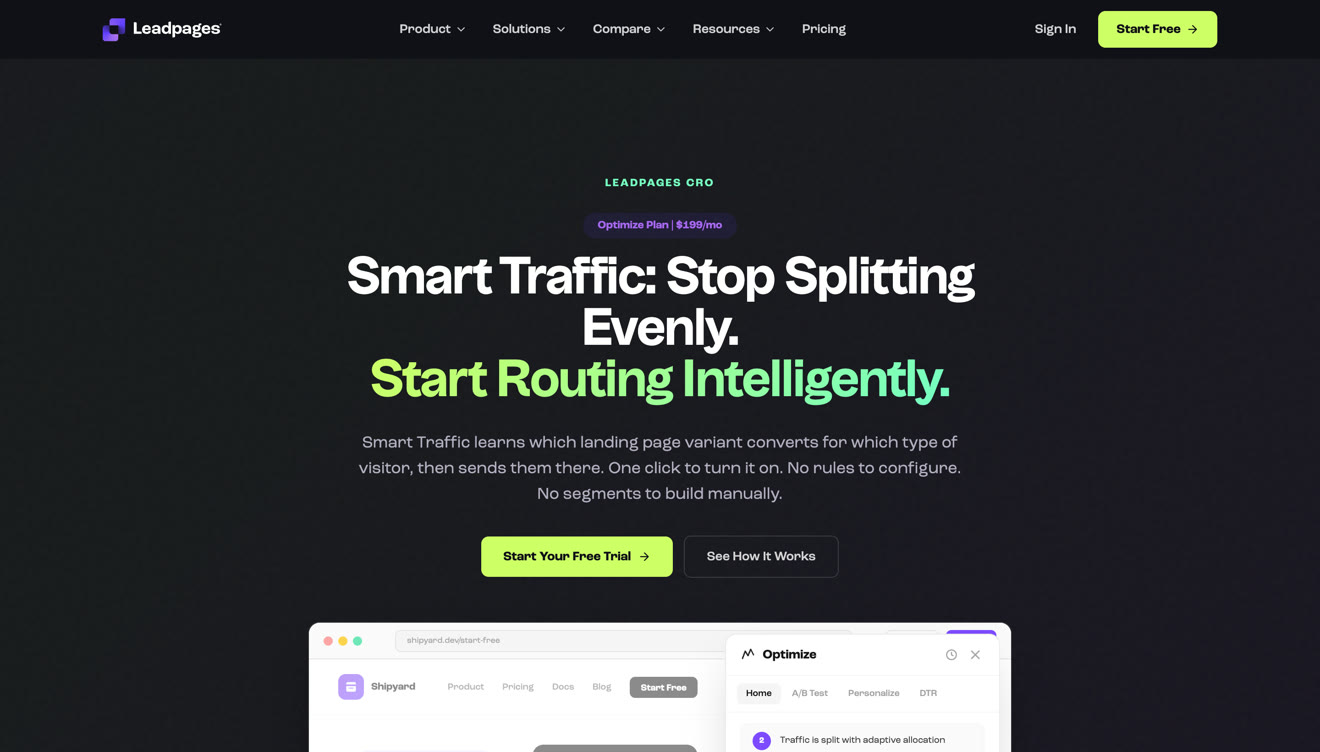 Leadpages Smart Traffic product page explaining AI routing between page variants