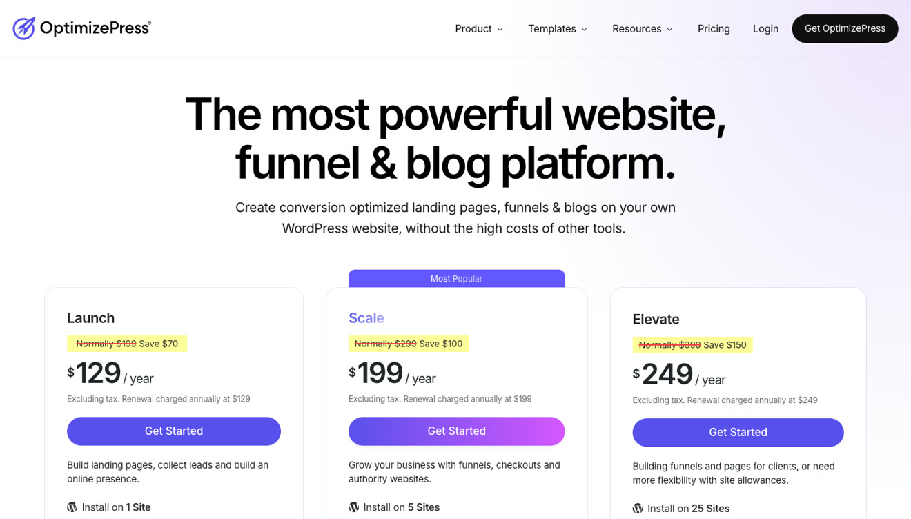 OptimizePress pricing page showing Launch, Scale and Elevate plans billed yearly