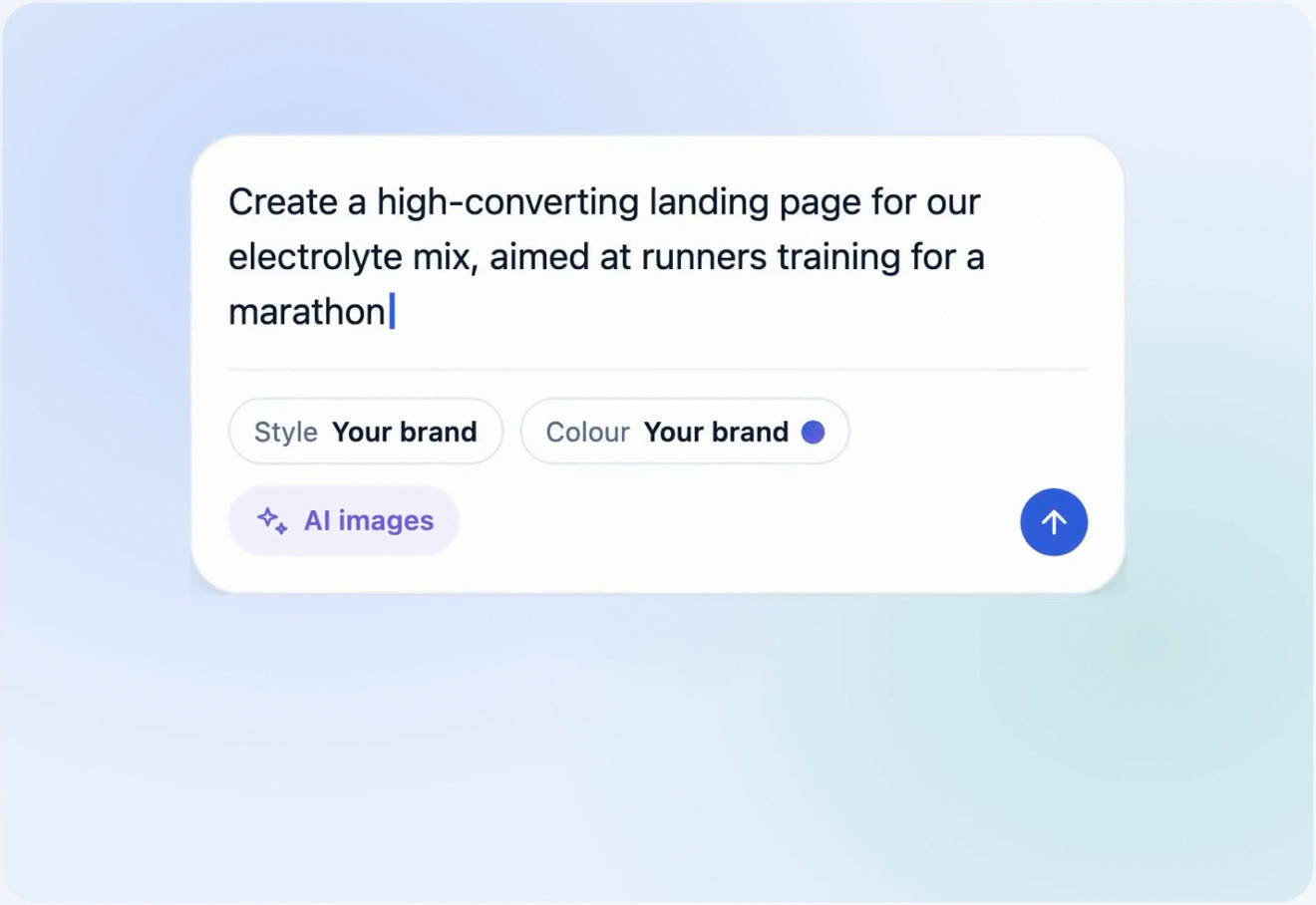 The Swipe Pages AI Builder prompt: a landing page for an electrolyte mix aimed at marathon runners, in your brand, with AI images