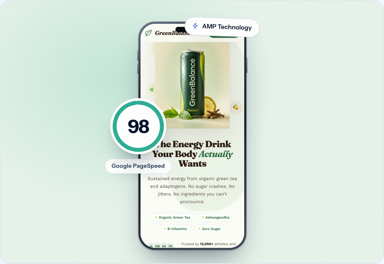 A Swipe Pages landing page on a phone with a Google PageSpeed score of 98