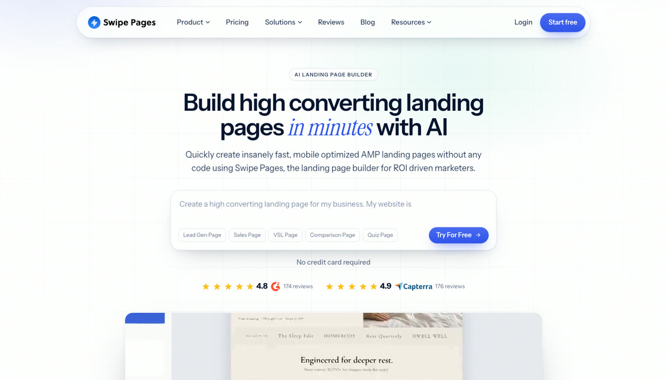 Swipe Pages homepage, September 2026, with the AI landing page builder prompt