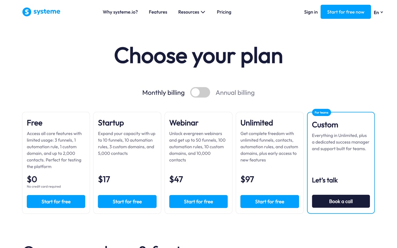 Systeme.io pricing page showing Free, Startup, Webinar, Unlimited and Custom plans
