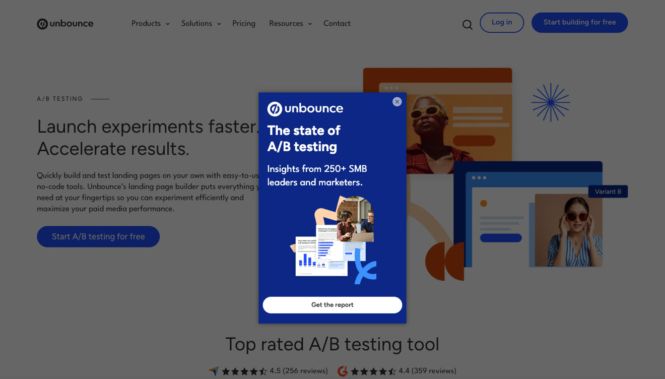 Unbounce A/B testing product page showing an experiment report