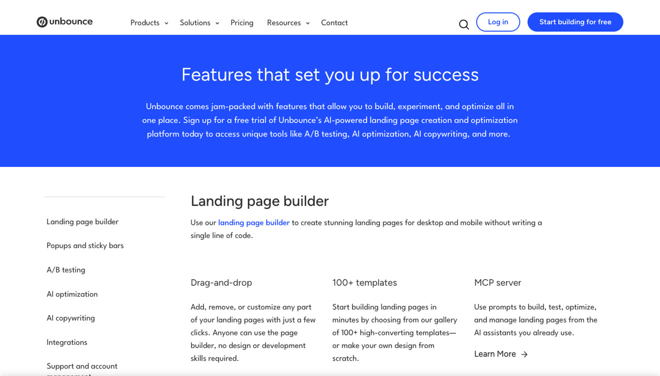 Unbounce features page listing the landing page builder, popups, A/B testing, AI optimization and MCP server