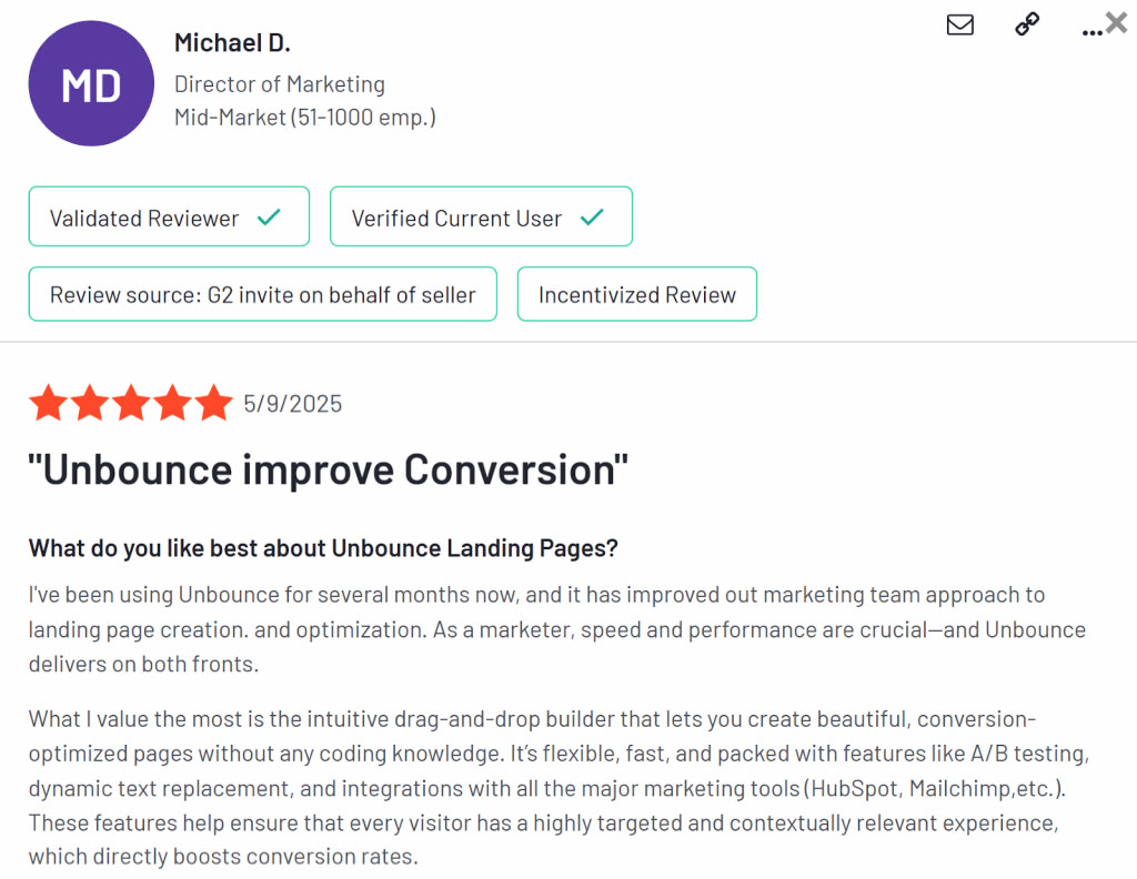 Five-star G2 review praising the drag and drop builder, A/B testing and integrations