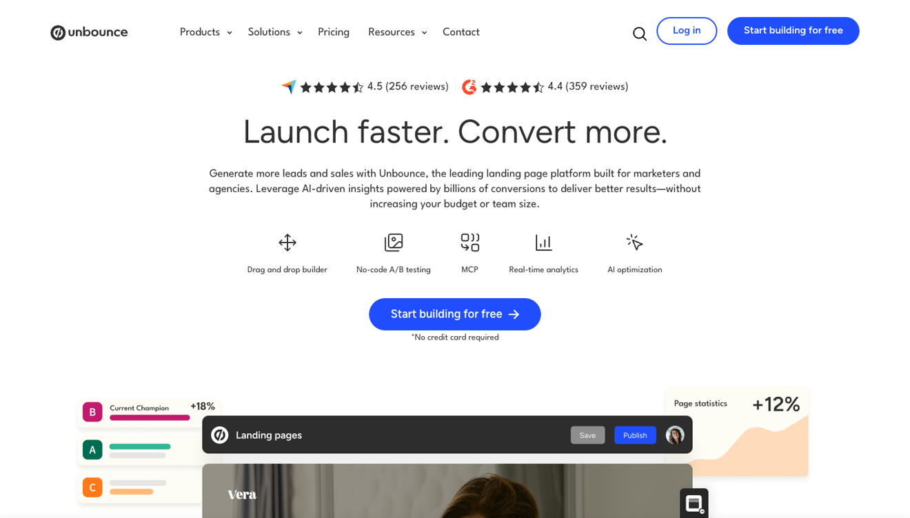 Unbounce homepage in September 2026 with the headline Launch faster. Convert more.