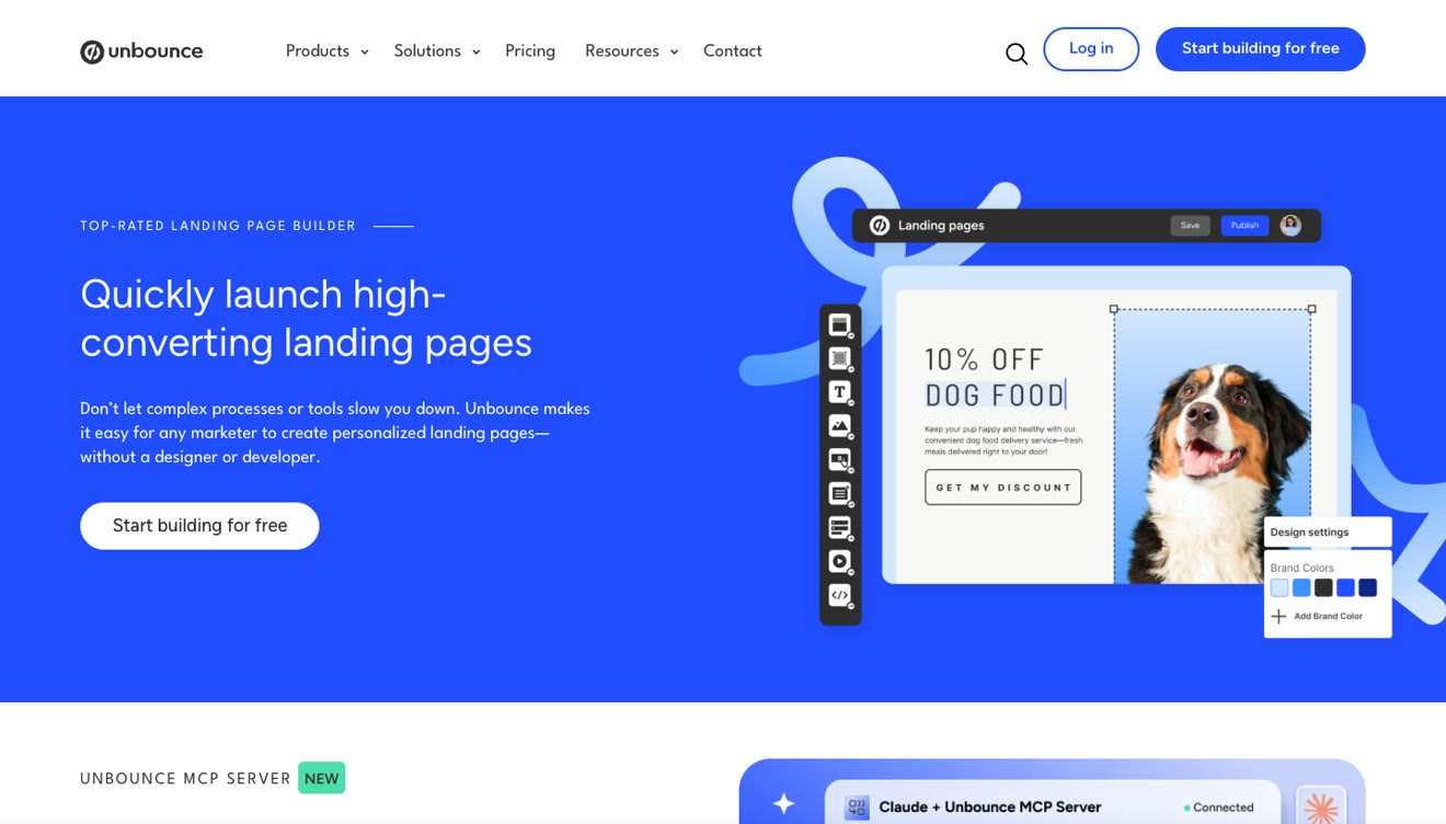 Unbounce landing page product page showing the drag and drop builder