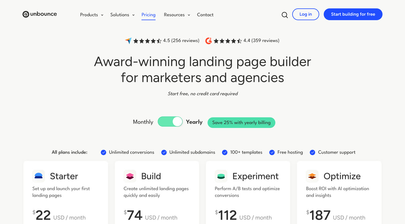 Unbounce pricing page showing Starter, Build, Experiment and Optimize plans