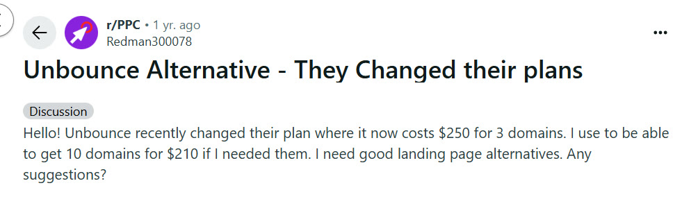 Reddit post discussing Unbounce pricing changes