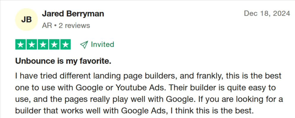 Five-star Trustpilot review calling Unbounce the best builder to use with Google Ads