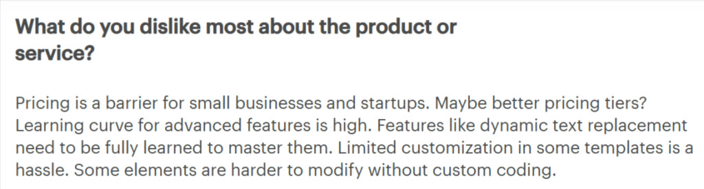 Review saying pricing is a barrier for small businesses and the learning curve is high