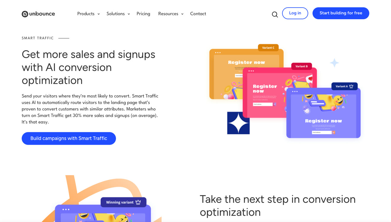 Unbounce Smart Traffic page describing AI routing of visitors to page variants