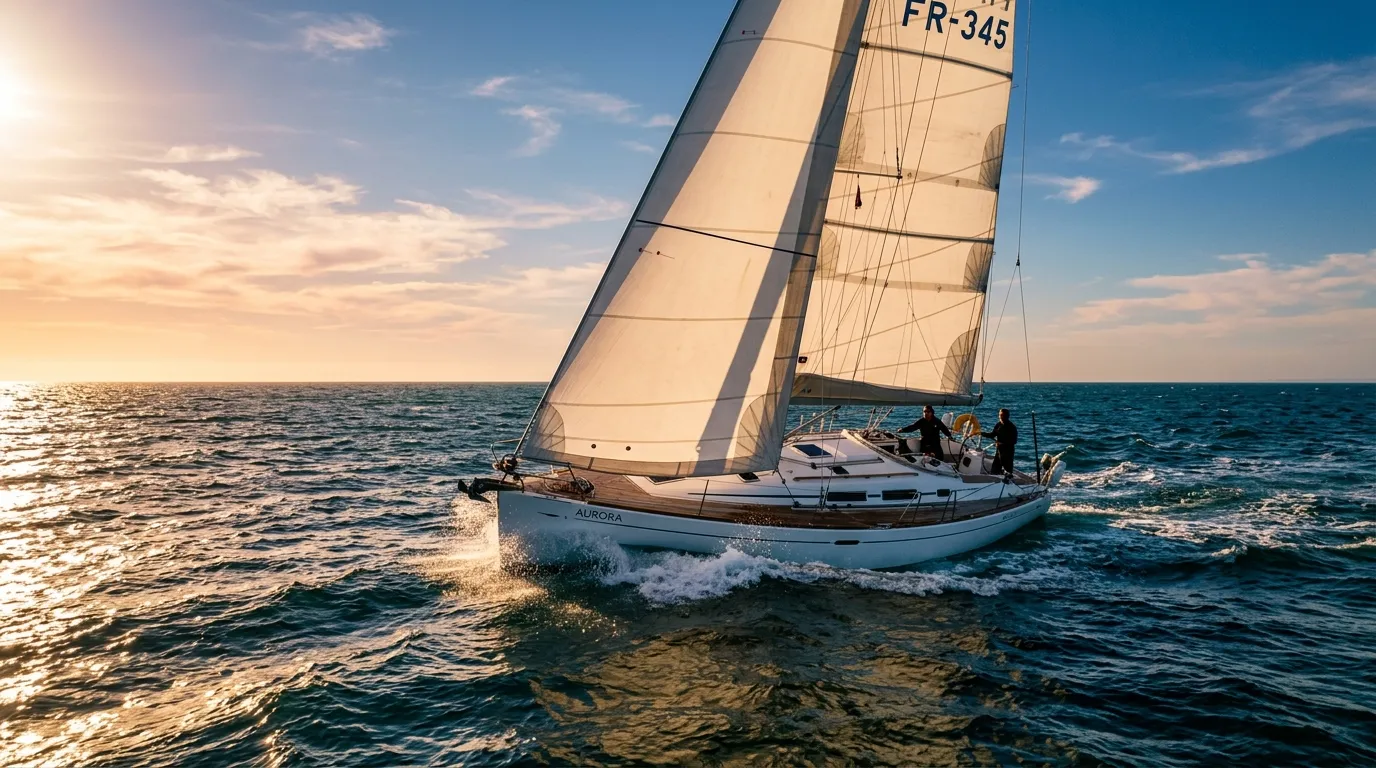 A sailboat crossing the sea at golden hour from the Sailing Community example