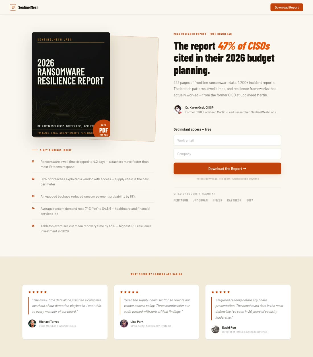 2026 Ransomware Resilience Report cover from the SentinelMesh owned example