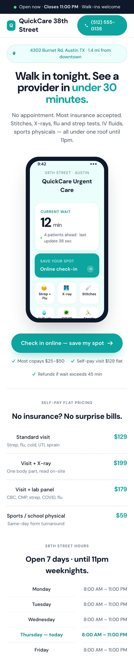 QuickCare Austin's actual mobile page