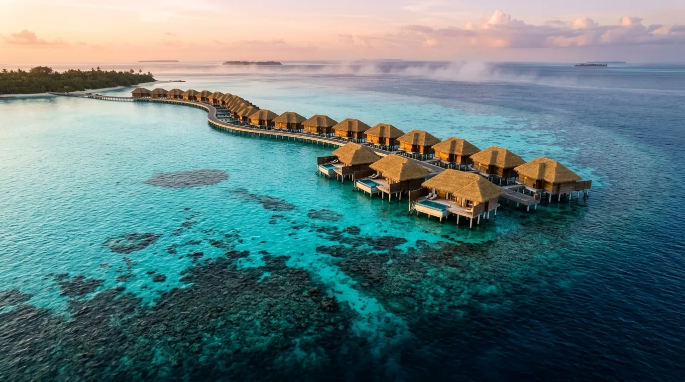 Overwater villas on a Maldives lagoon at sunset, from the owned Atoll Azure example